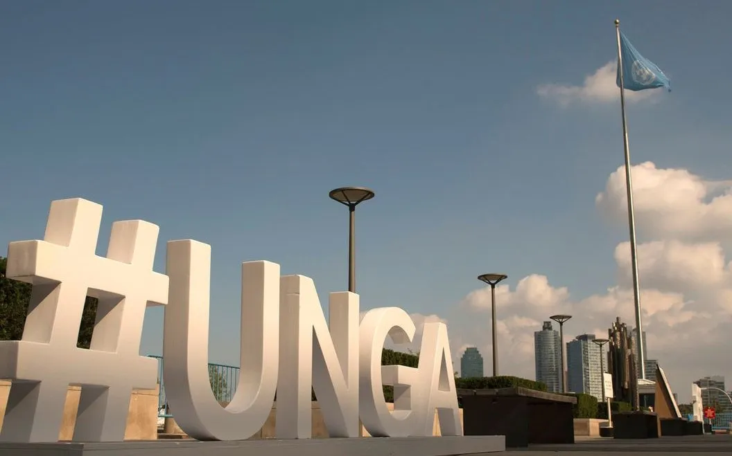 UNGA installation and United Nations flag in New York